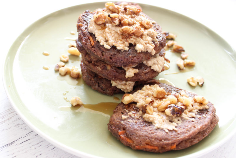 Paleo Carrot Cake Pancakes with Cashew "Cream Cheese" Frosting
