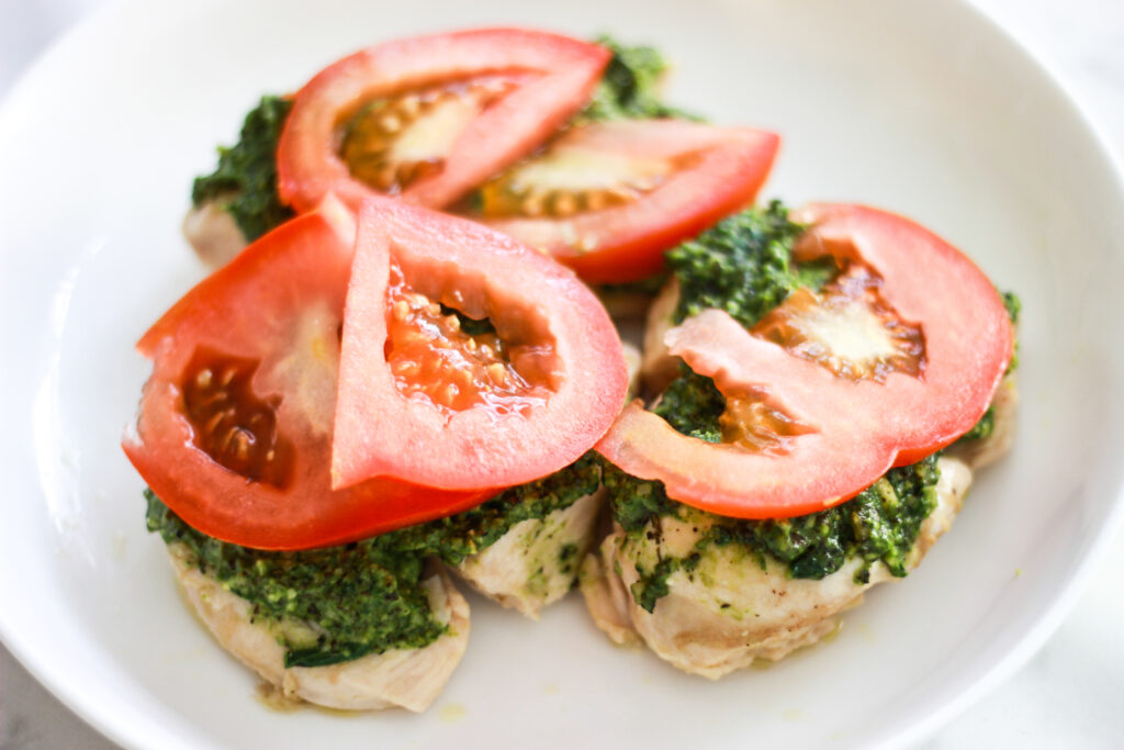 Cashew Pesto Sauce & Pesto Tomato Chicken Bake (Paleo)