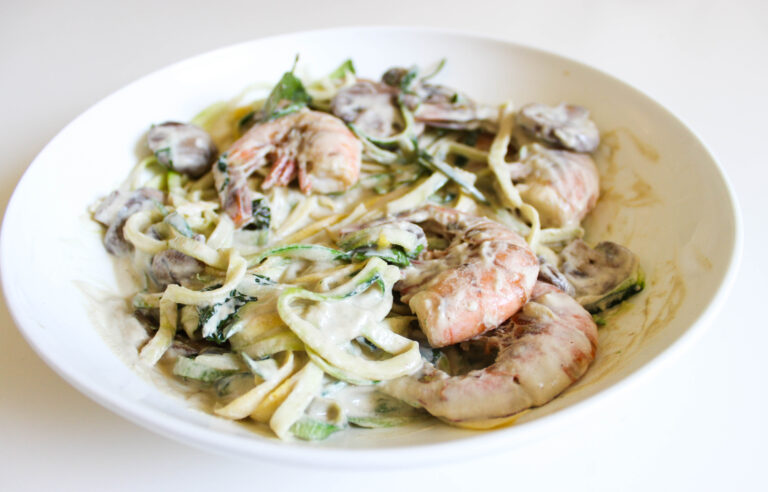 Shrimp Zoodles with V/GF Walnut Alfredo Sauce