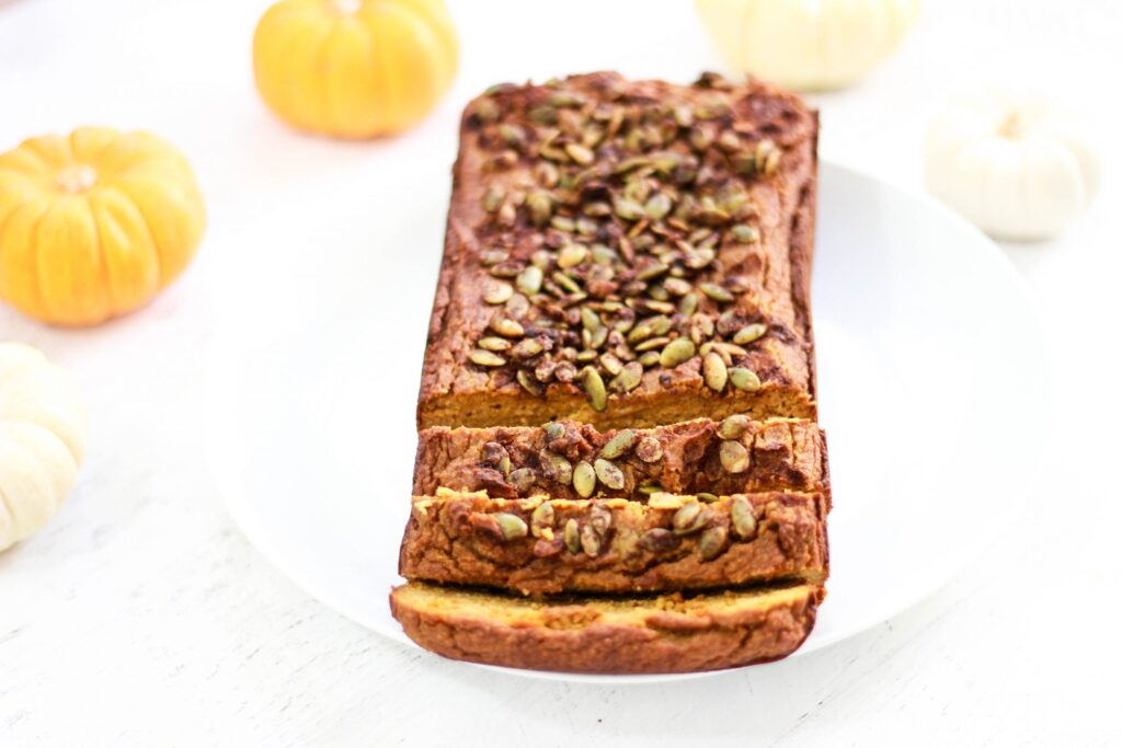 Paleo Pumpkin Bread with Spiced Sugar Pumpkin Seed Topping