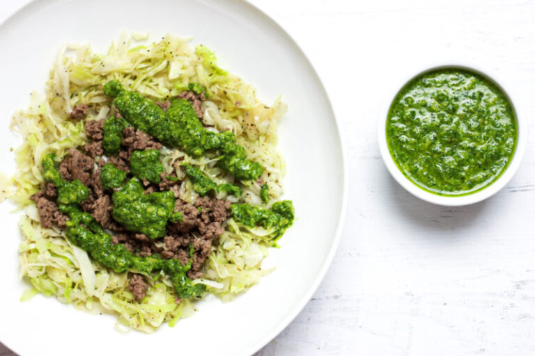 Pumpkin Seed Pesto Cabbage Pasta (Paleo w/ Vegan Option, Whole 30)