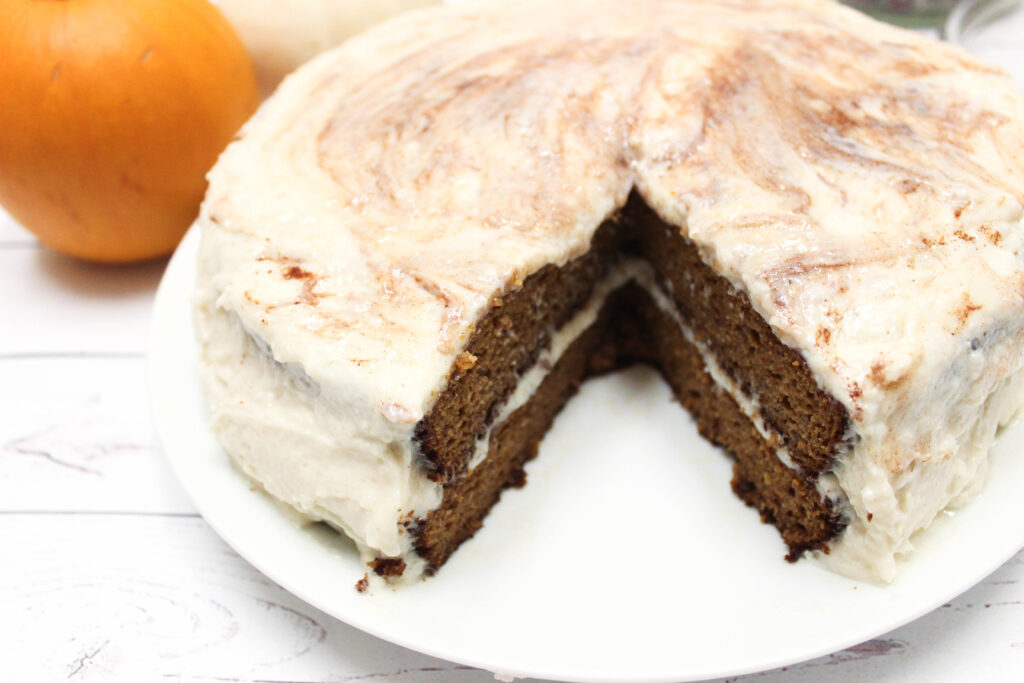 Pumpkin Spice Cake with Cinnamon “Cream Cheese” Frosting (Gluten-free / Dairy-free)